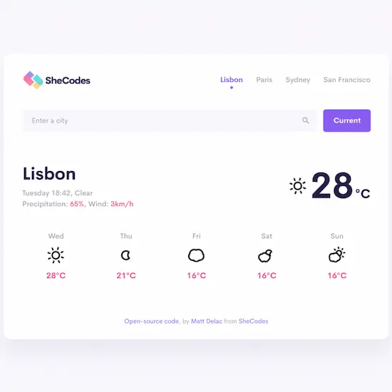 Snippet of the Weather App Project developed by Patricia Pereira